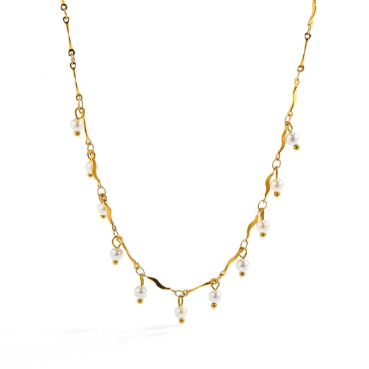 Colier din otel placat cu aur cu perle-NE486