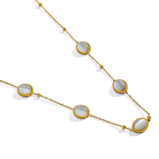 Colier din otel placat cu aur cu pietre ovale crem-NE374