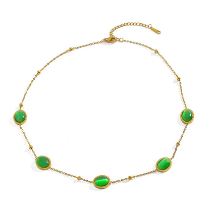 Κολιέ επιχρυσωμένο ατσάλι με οβάλ πράσινες πέτρες-NE377