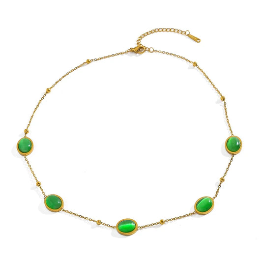 Colier din otel placat cu aur cu pietre ovale verzi-NE377