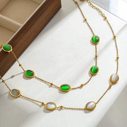 Κολιέ επιχρυσωμένο ατσάλι με οβάλ κρεμ πέτρες-NE374