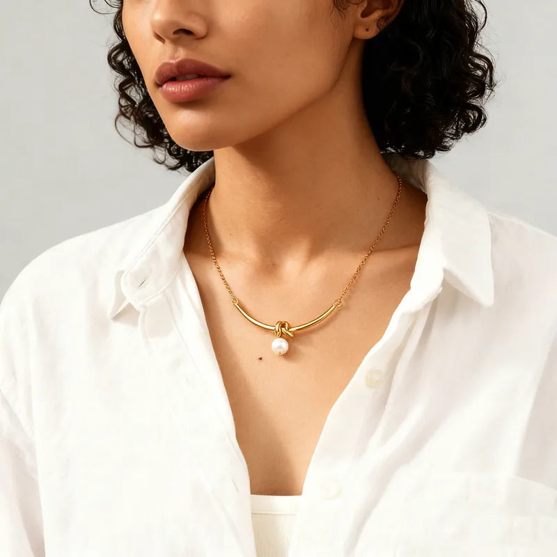 Κολιέ επιχρυσωμένο ατσάλι μακρύ με δέσιμο και πέρλα-NE554