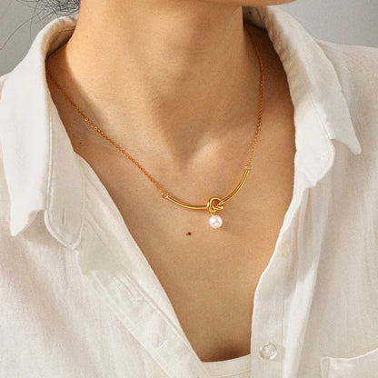 Κολιέ επιχρυσωμένο ατσάλι μακρύ με δέσιμο και πέρλα-NE554