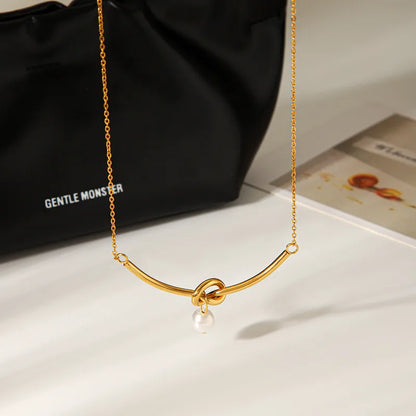 Κολιέ επιχρυσωμένο ατσάλι μακρύ με δέσιμο και πέρλα-NE554