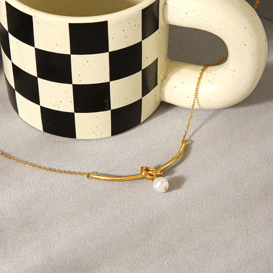 Κολιέ επιχρυσωμένο ατσάλι μακρύ με δέσιμο και πέρλα-NE554