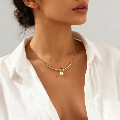 Κολιέ επιχρυσωμένο ατσάλι μακρύ με δέσιμο και πέρλα-NE554