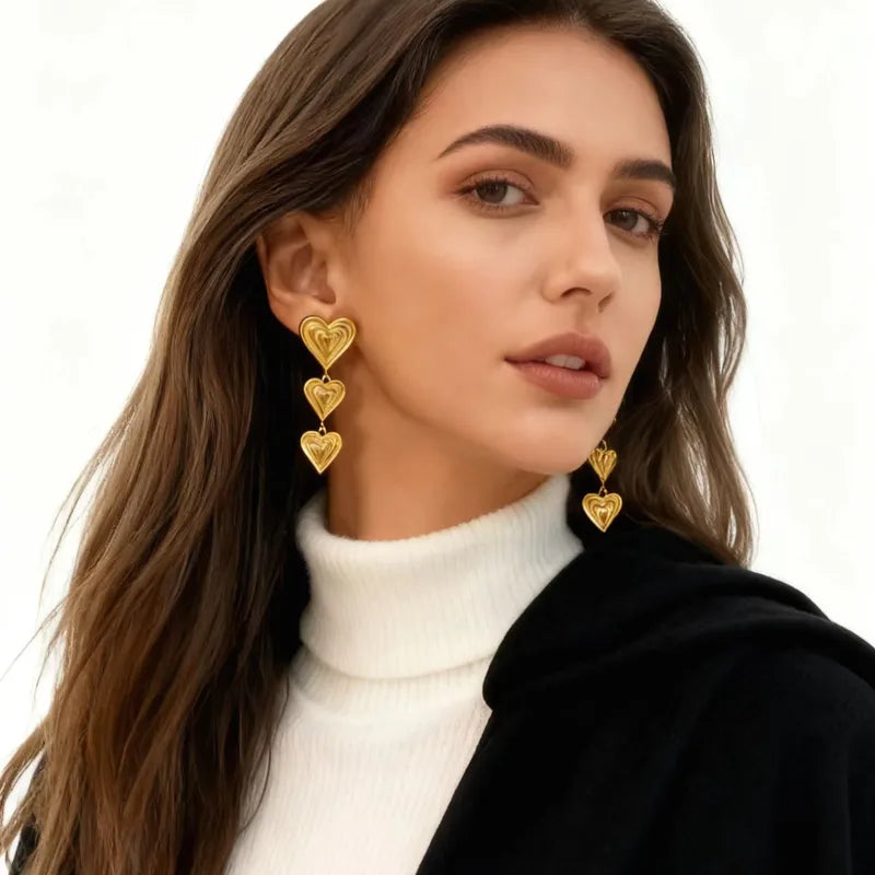 Σκουλαρίκια επιχρυσωμένο ατσάλι μακριές καρδιές-EA684