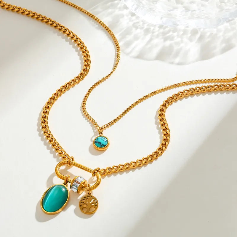 Κολιέ επιχρυσωμένο ατσάλι διπλό με τιρκουάζ-NE448