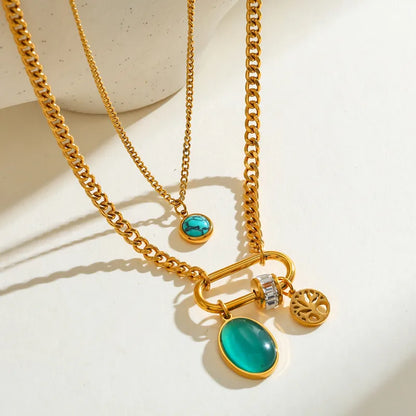 Κολιέ επιχρυσωμένο ατσάλι διπλό με τιρκουάζ-NE448