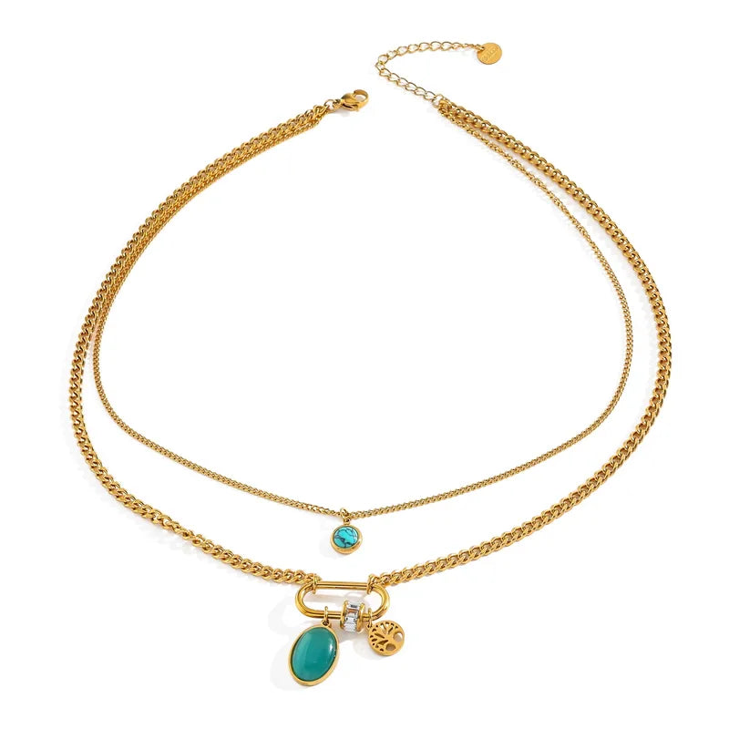 Κολιέ επιχρυσωμένο ατσάλι διπλό με τιρκουάζ-NE448