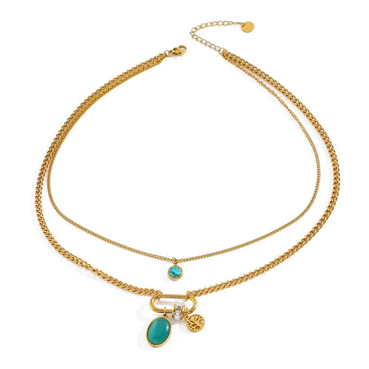 Colier din oțel placat cu aur dublu cu turcoaz-NE448