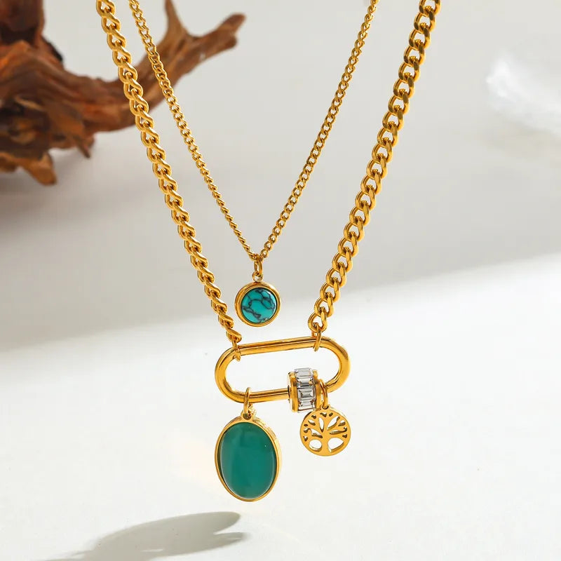 Κολιέ επιχρυσωμένο ατσάλι διπλό με τιρκουάζ-NE448