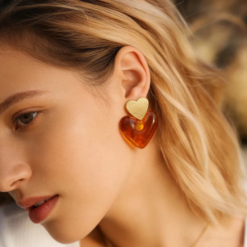 Σκουλαρίκια επιχρυσωμένο ατσάλι με καρδιά και ρητίνη - EA813