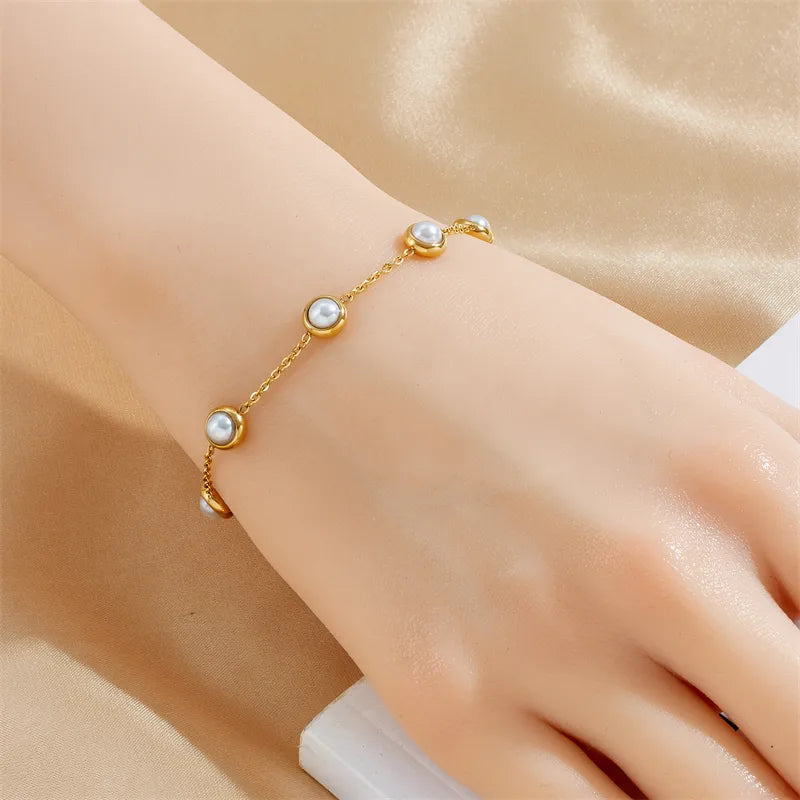 Bratara din otel placat cu aur cu perla plata-BR162