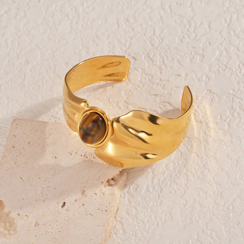 Βραχιόλι επιχρυσωμένο ατσάλι με καφέ πέτρα-BR099