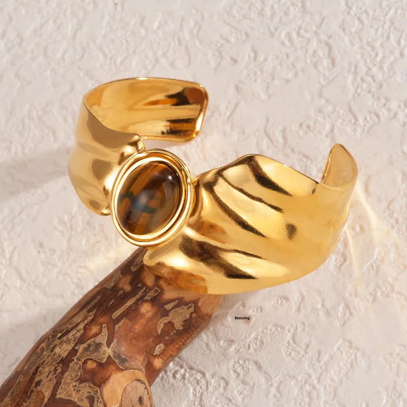 Βραχιόλι επιχρυσωμένο ατσάλι με καφέ πέτρα-BR099