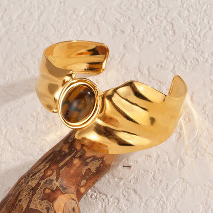 Βραχιόλι επιχρυσωμένο ατσάλι με καφέ πέτρα-BR099