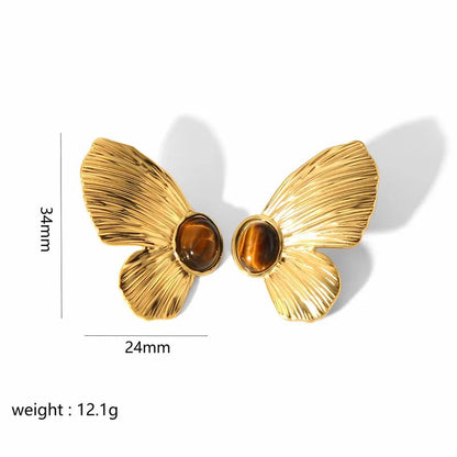 Pendientes de acero en forma de mariposa con piedra marrón-EA099