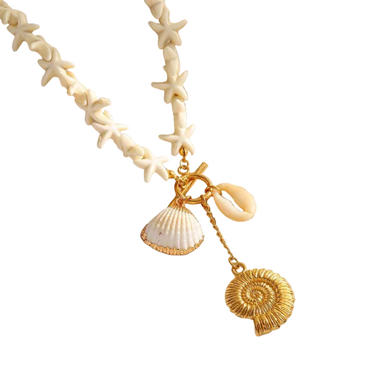 Κολιέ ατσάλινο με λευκούς αστερίες και κοχύλια- NE617