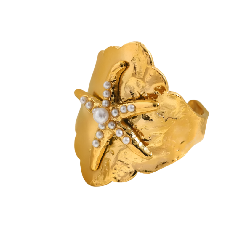 Inel din oțel placat cu aur cu stele de mare și perle-