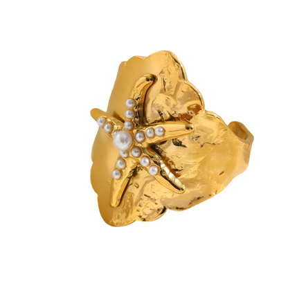 Inel din oțel placat cu aur cu stele de mare și perle-