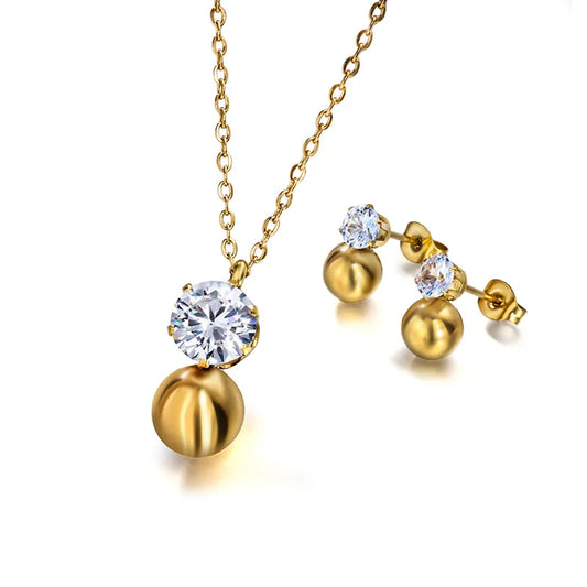 Set of earrings and necklace gilded steel and zircon round-set060