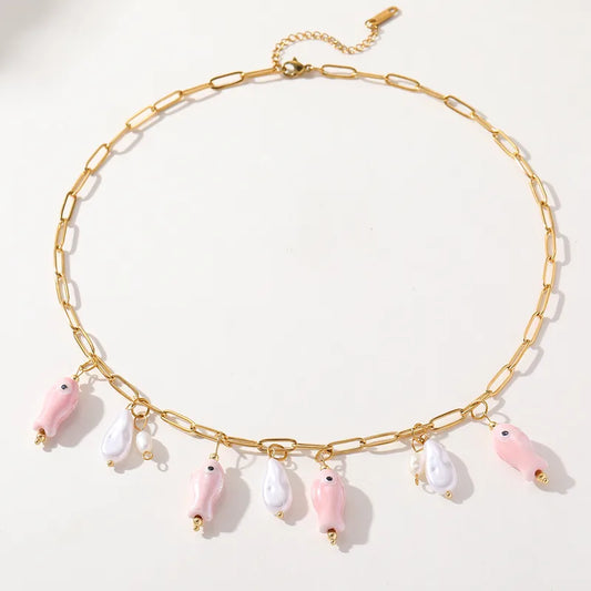 Κολιέ ατσάλινο με ροζ ψαράκια - NE674