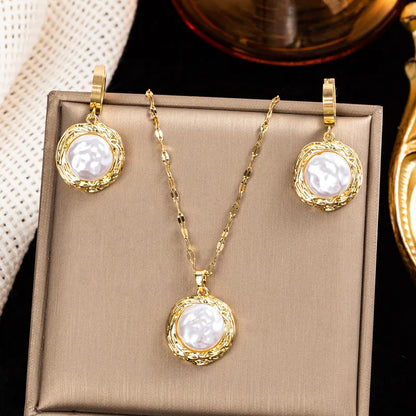 Steel set and gold earrings with pearl - SET066