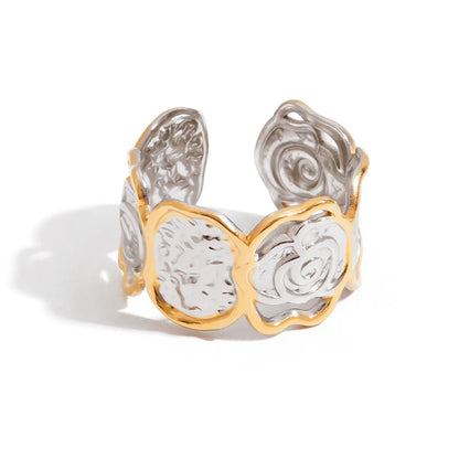 Inel din otel argint cu aur si trandafiri-R005