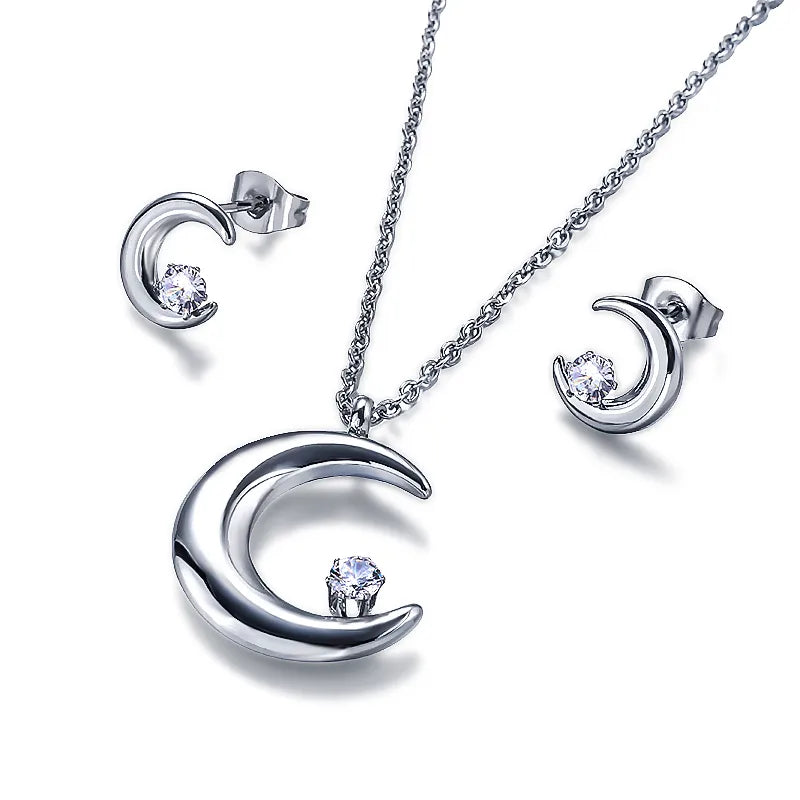 Set of Earrings and Moon Necklace Silver Steel and Zircon-Set043