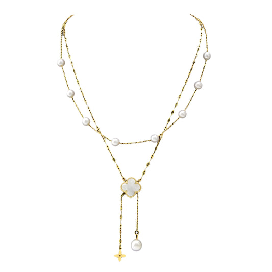 Gold necklace with four-leaf clover and pearls-ne174