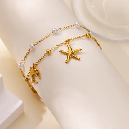 Βραχιόλι ποδιού ατσάλινο με αστερίες και πέρλες - ΑΝ004