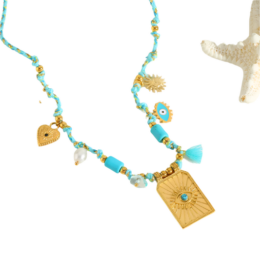 Necklace gilded steel with eye and turquoise details-