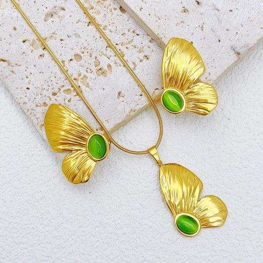 Set of jewelry steel necklace Earrings of butterfly with green stone-set014