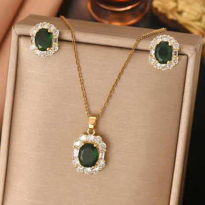 Steel set with necklaces and earrings with green zircon stones - SET067