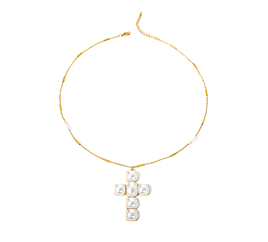 Necklace gold-plated steel with cross-lined with pearl-ne474