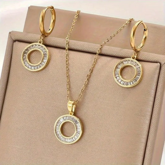 Set gold steel necklace earrings with circles-set023