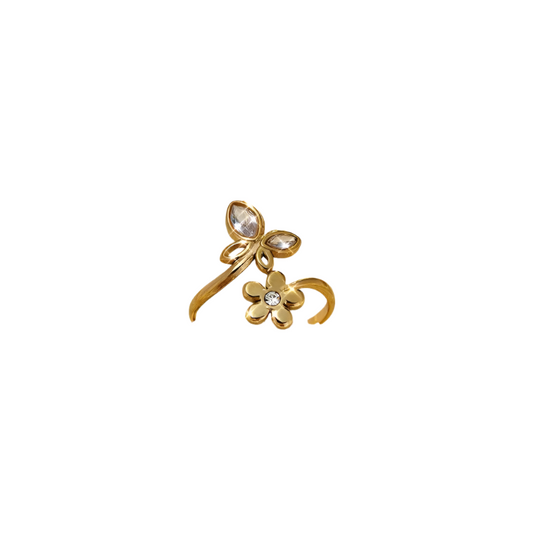 Ring gold steel with butterfly and flower-r158