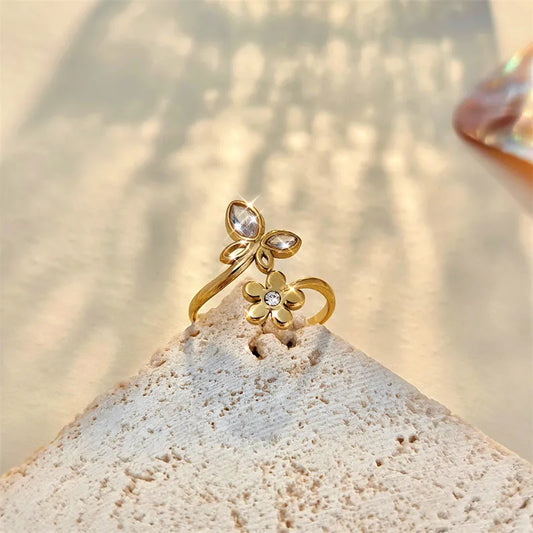 Ring gold steel with butterfly and flower-r158