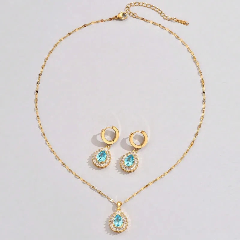 Set of steel and brass with necklaces and earrings with blue stone- SET073