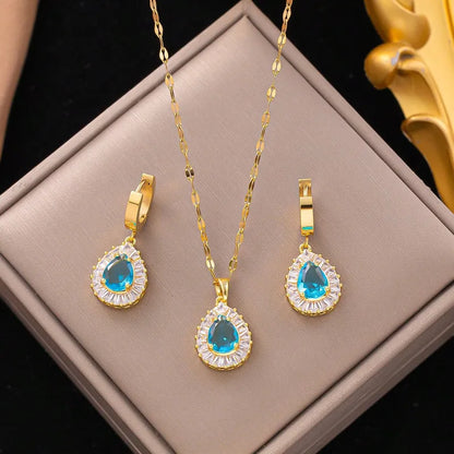 Set of steel and brass with necklaces and earrings with blue stone- SET073