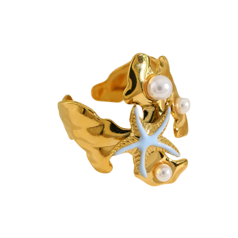Ring Gilded Steel with Starfish and Pearls