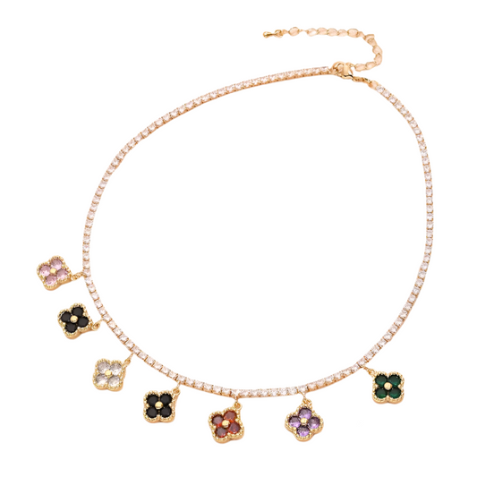 Necklace gilded steel with colored flowers zircon-ne081