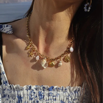 Κολιέ επιχρυσωμένο ατσάλι με κοχύλια - NE684