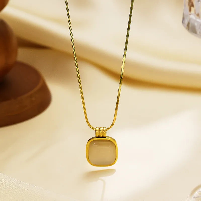 Necklace Gold Plated Steel and Beige Square Stone-NE386