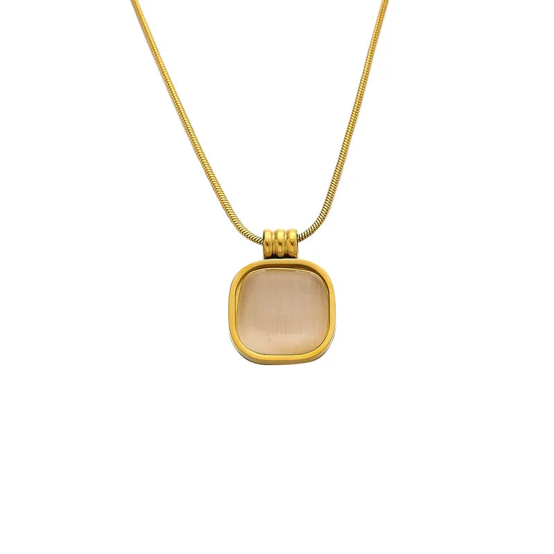 Necklace Gold Plated Steel and Beige Square Stone-NE386