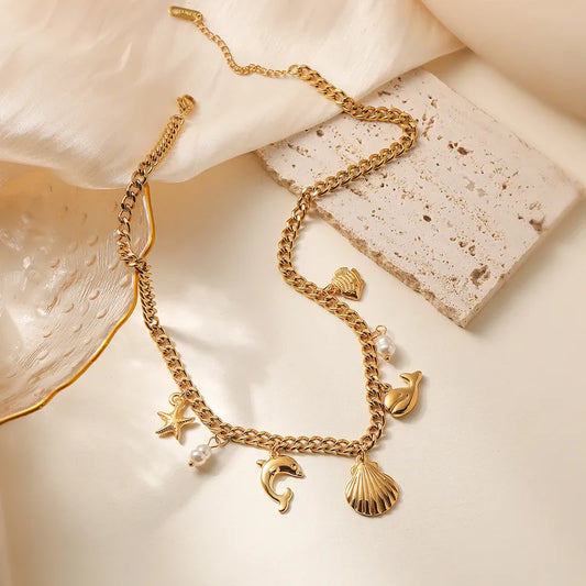 Κολιέ ατσάλινο χρυσό με καλοκαιρινά charms- ne442