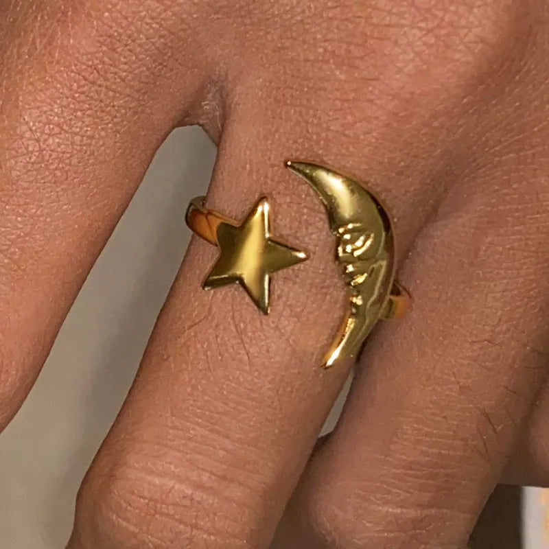 Gold steel ring with moon and star-R168