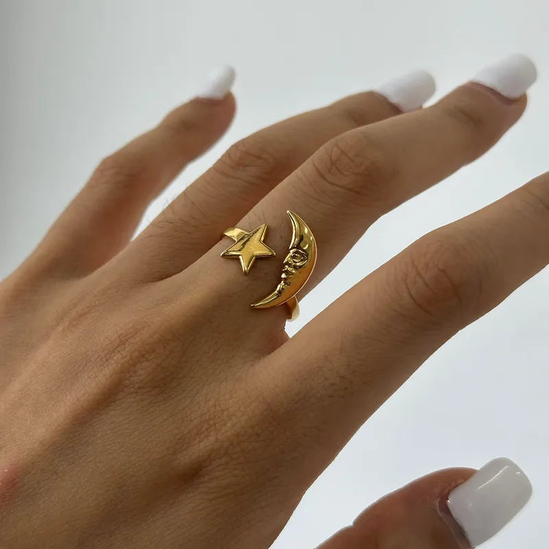 Gold steel ring with moon and star-R168