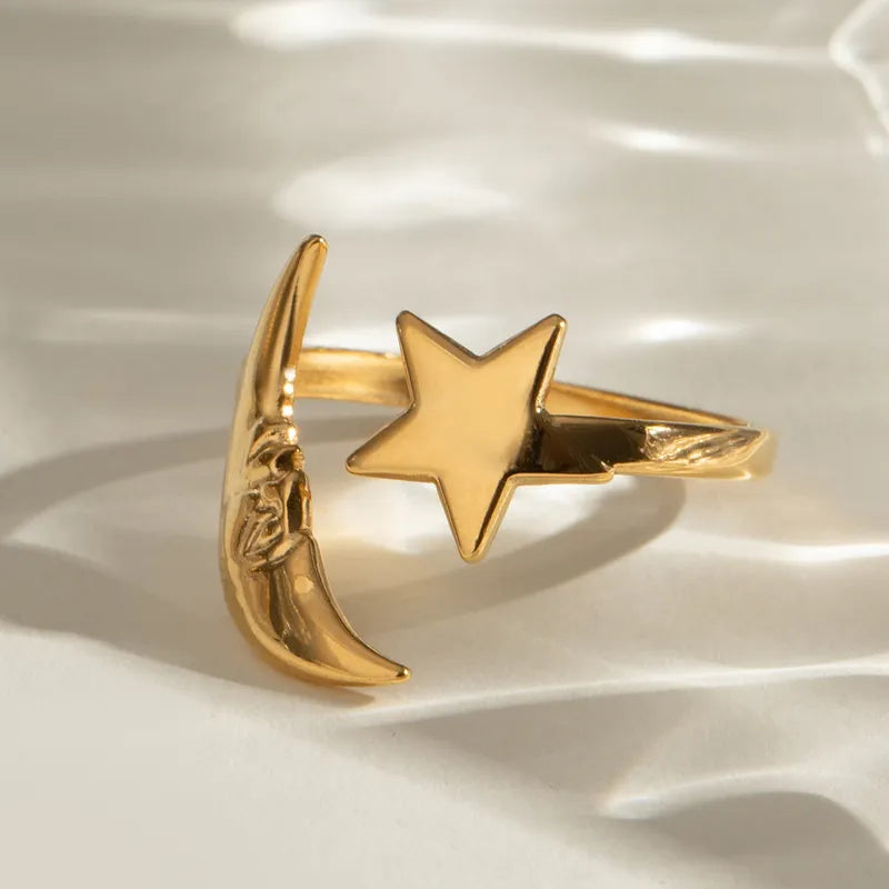 Gold steel ring with moon and star-R168